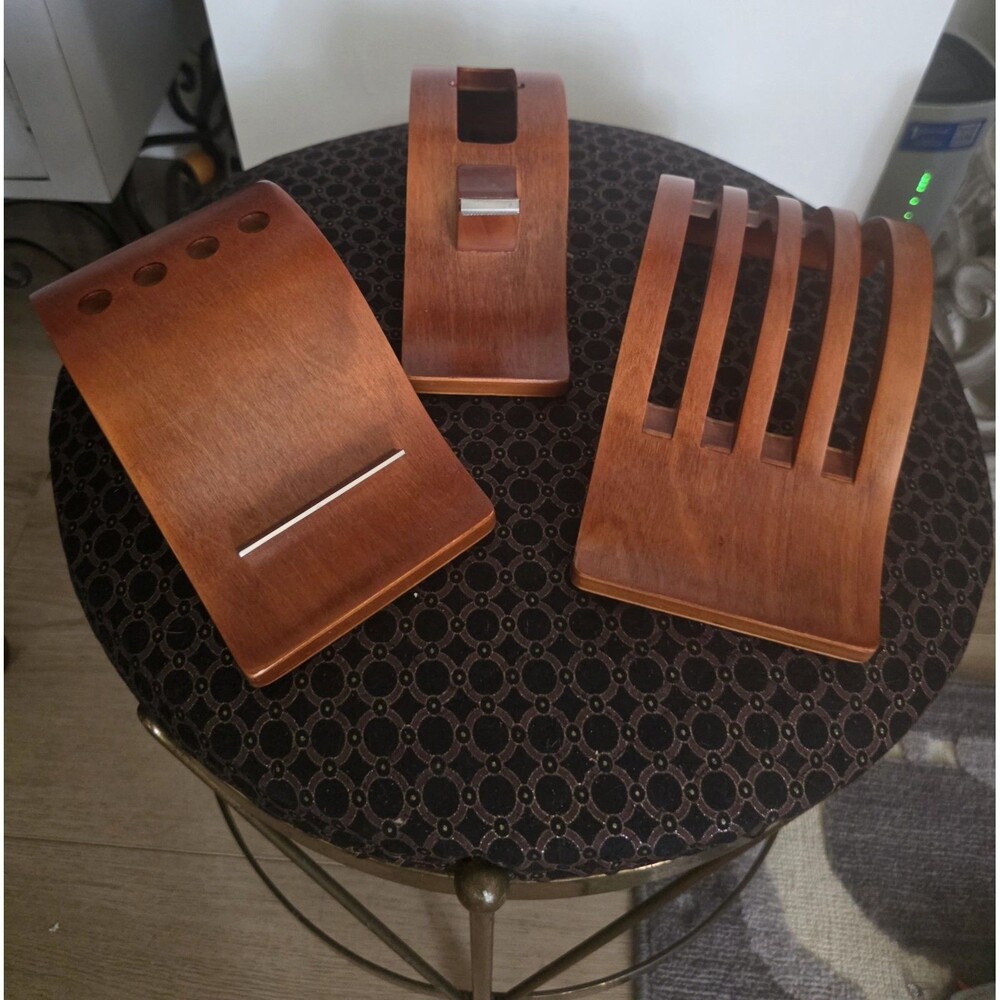 Rare Vintage MCM 3pc Wood Unique Desk Organizer Office Supplies Set EuC